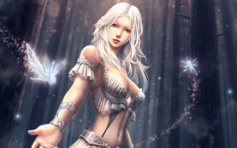 Woman with White Hair — Mystical, Night, Digital Art, Forest