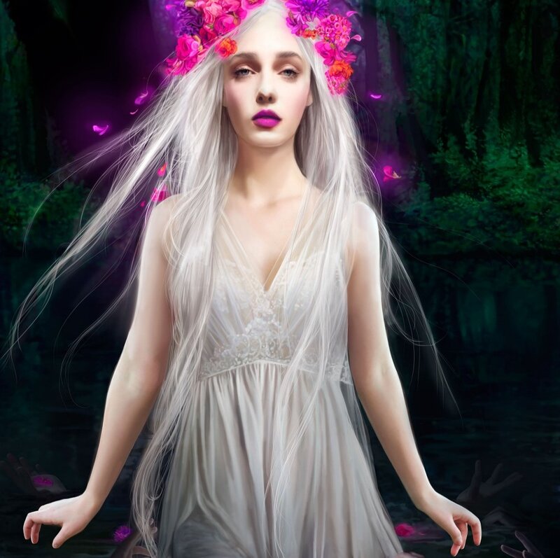 Woman with White Hair — Mystical, Night, Digital Art