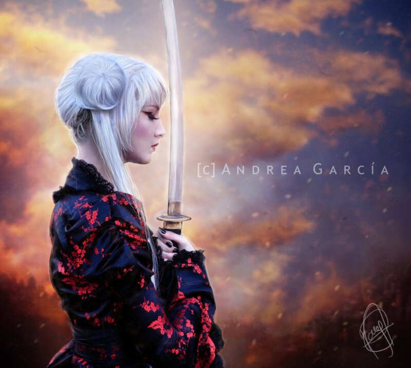 Woman with White Hair — Orange, Dramatic, Sunset
