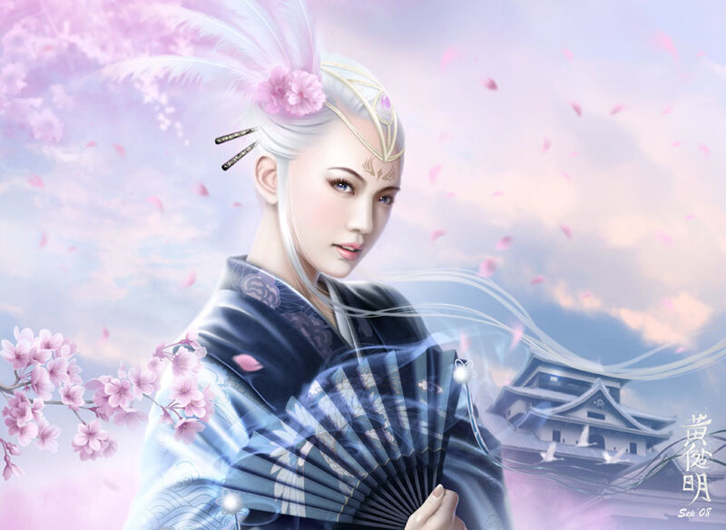 Woman with White Hair — Pink, Serene, Spring, Digital Art, Fan