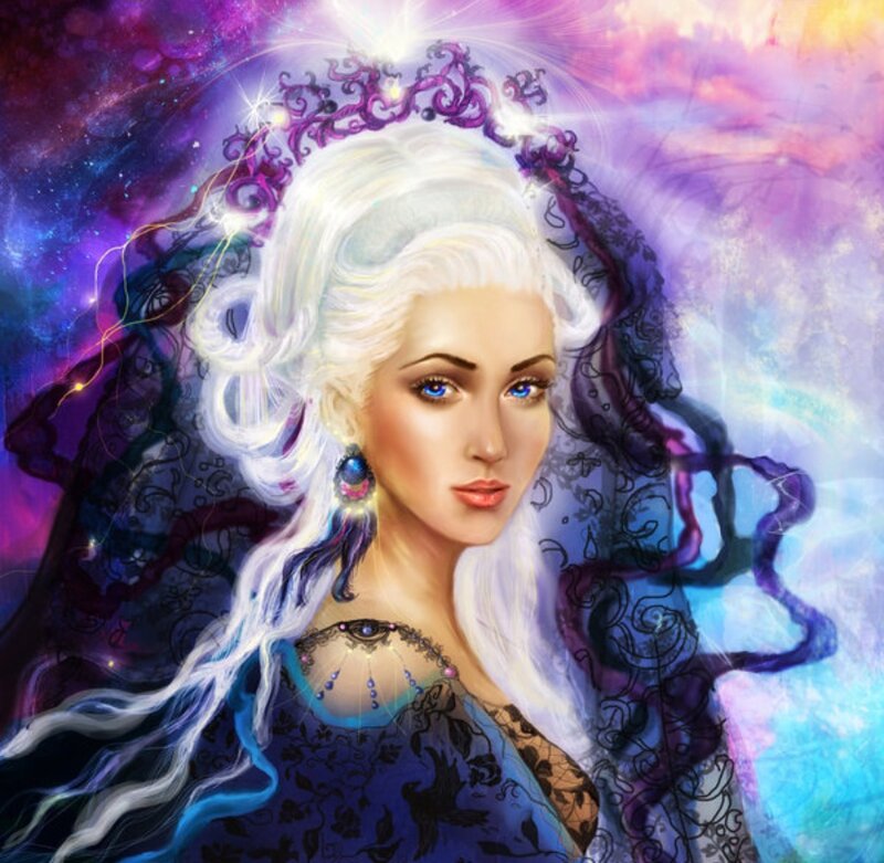 Woman with White Hair — Purple, Dramatic, Digital Art, Crown