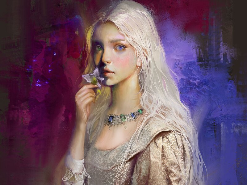 Woman with White Hair — Purple, Dramatic, Digital Art, Flower