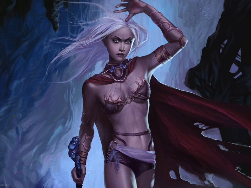 Woman with White Hair — Purple, Dramatic, Digital Art, Red Cape, Spear