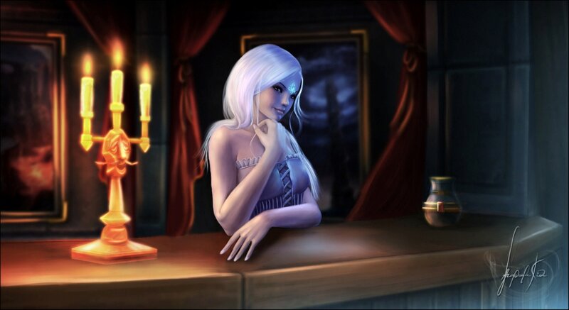 Woman with White Hair — Purple, Dramatic, Night, Digital Art, Candlestick