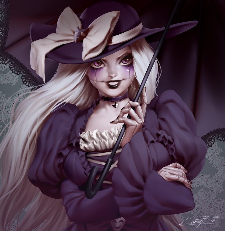 Woman with White Hair — Purple, Dramatic, Night, Digital Art, Hat