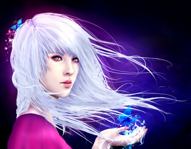 Woman with White Hair — Purple, Dramatic, Night, Digital Art