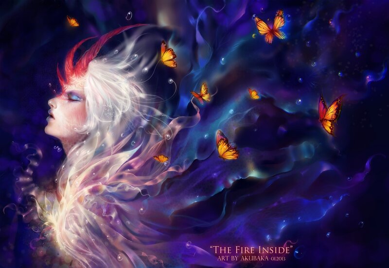 Woman with White Hair — Purple, Dreamy, Night, Digital Art, Butterflies