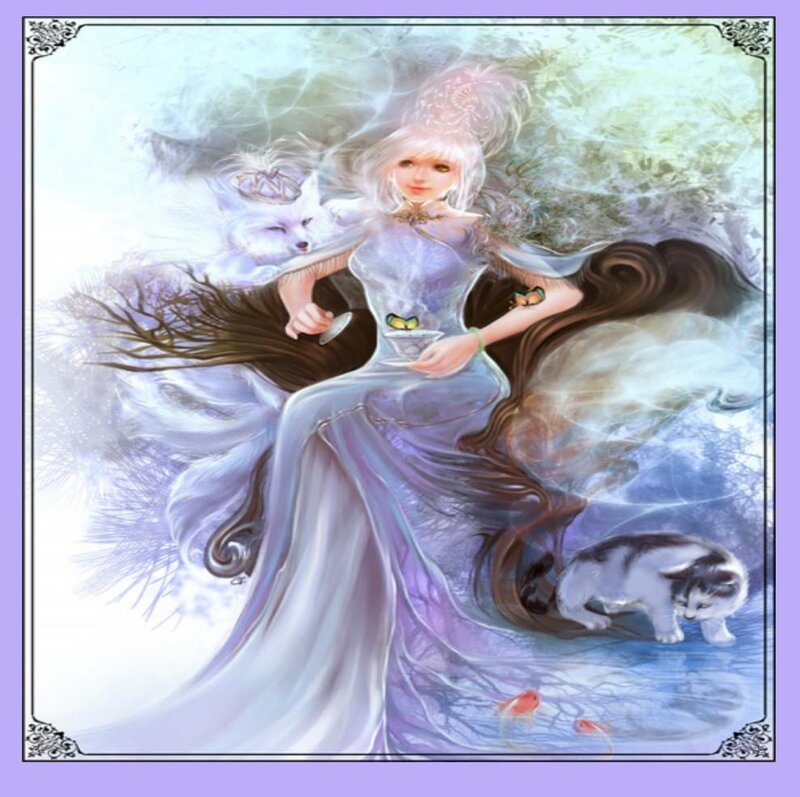 Woman with White Hair — Purple, Serene, Digital Art
