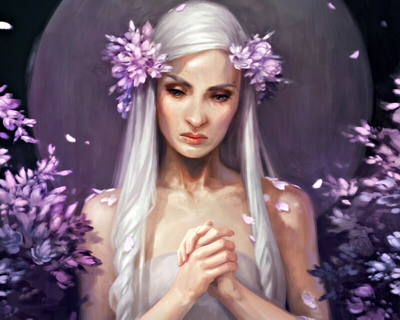 Woman with White Hair — Purple, Serene, Night, Digital Art