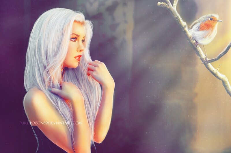 Woman with White Hair — Purple, Serene, Sunset
