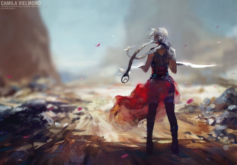 Woman with White Hair — Red, Dramatic, Digital Art, Sword