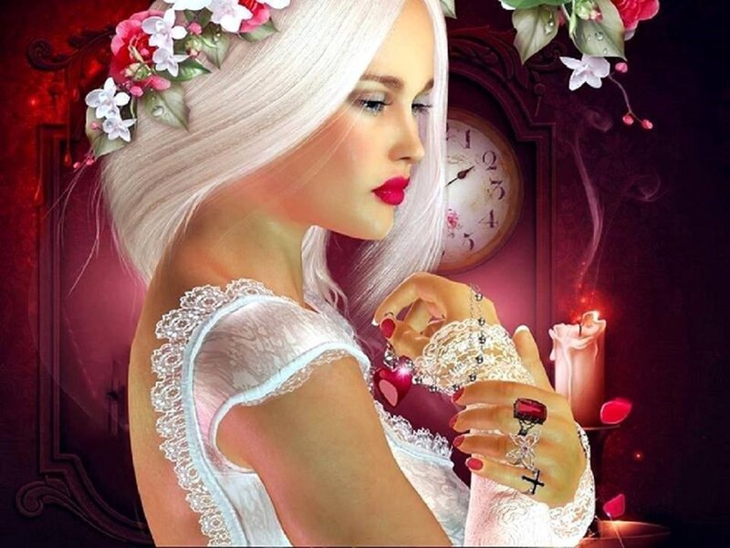 Woman with White Hair — Red, Dramatic, Night, Digital Art, Flowers