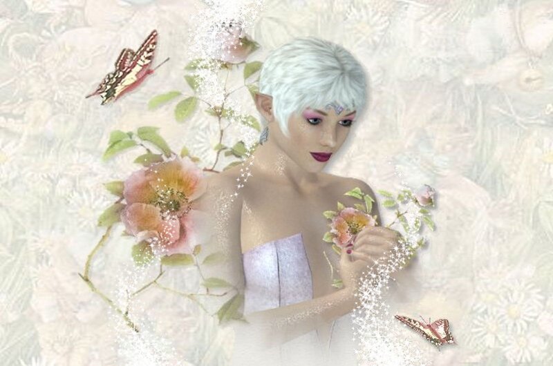 Woman with White Hair — Serene, Digital Art, Butterflies