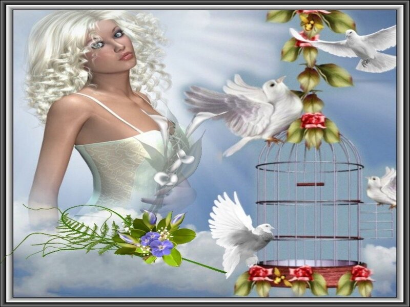 Woman with White Hair — Serene, Digital Art, Doves