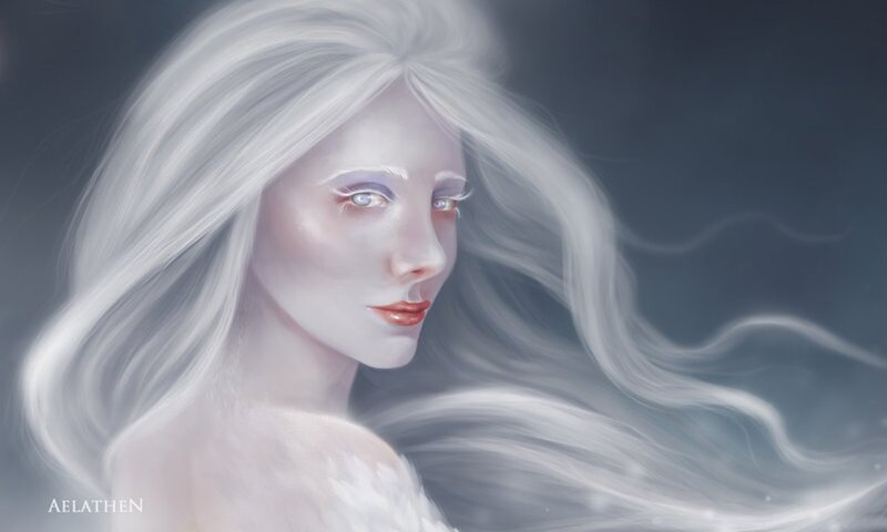 Woman with White Hair — Serene, Digital Art, Eyes, Shoulder