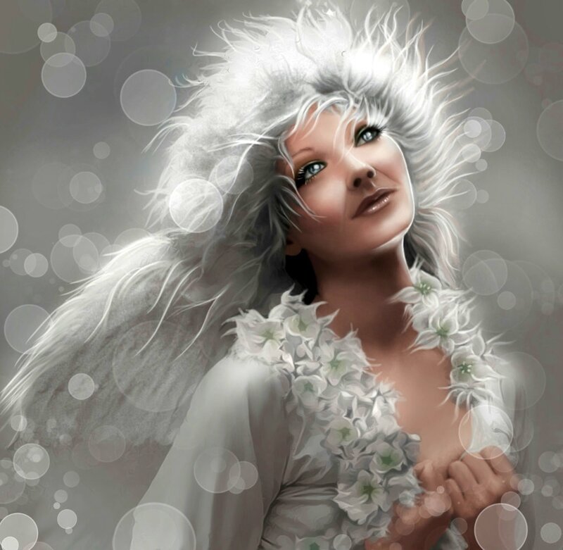 Woman with White Hair — Serene, Digital Art, Flowers