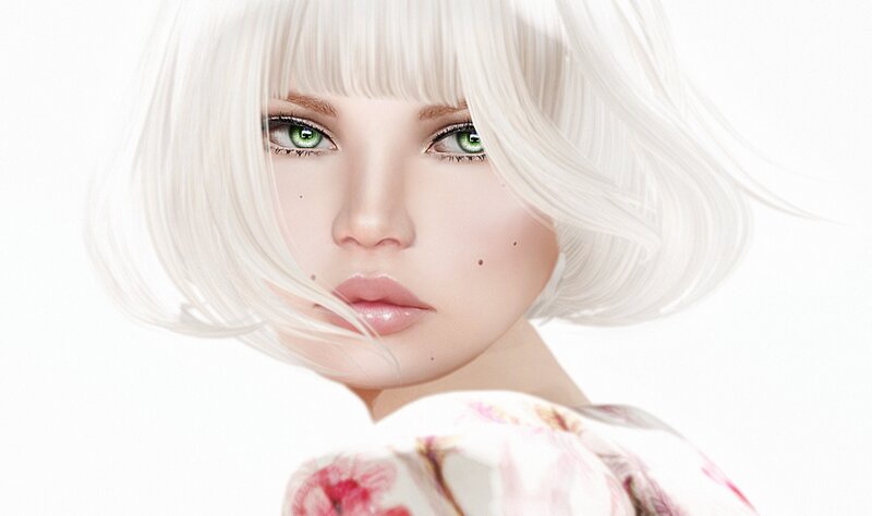 Woman with White Hair — Serene, Digital Art, Green Eyes, Bangs
