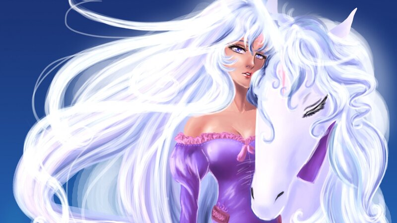 Woman with White Hair — Serene, Digital Art, Horse