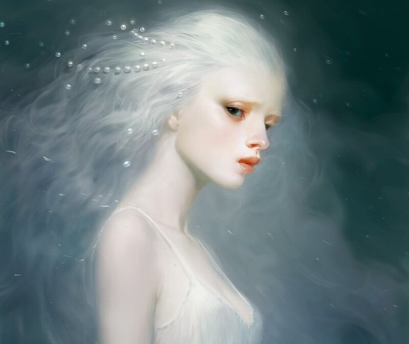 Woman with White Hair — Serene, Digital Art, Pearl Crown