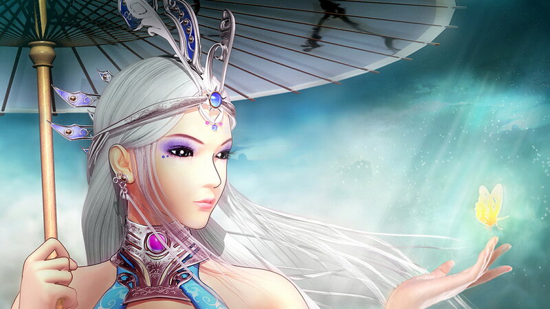 Woman with White Hair — Serene, Digital Art, Umbrella