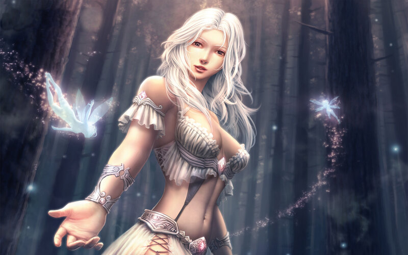 Woman with White Hair — Serene, Night, Digital Art, Fairy, Forest, Glowing Particles