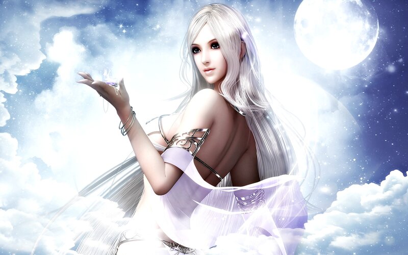 Woman with White Hair — Serene, Night, Digital Art, Moon