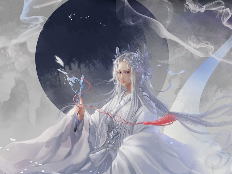 Woman with White Hair — Serene, Night, Digital Art, Staff