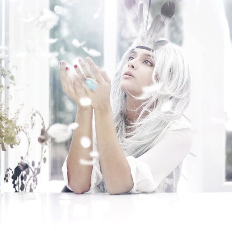 Woman with White Hair — Serene, Photograph, Feathers