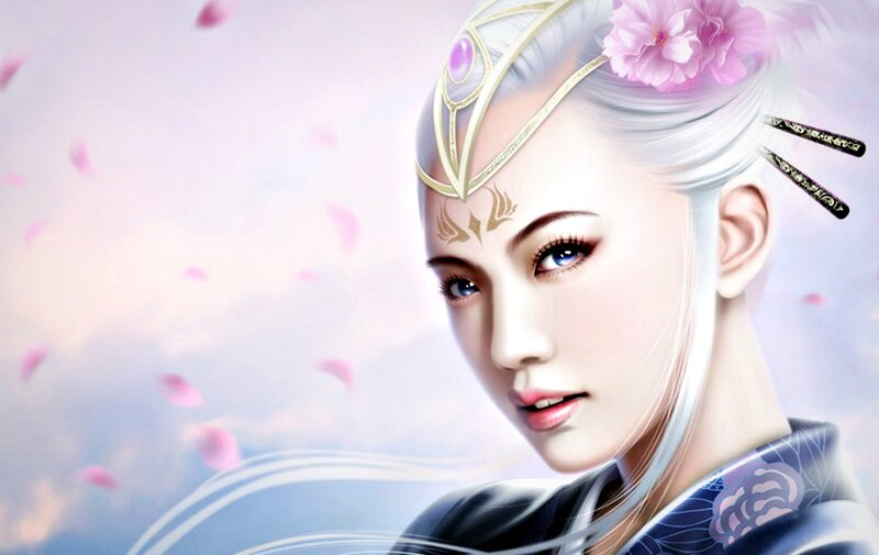 Woman with White Hair — Serene, Spring, Digital Art, Flower