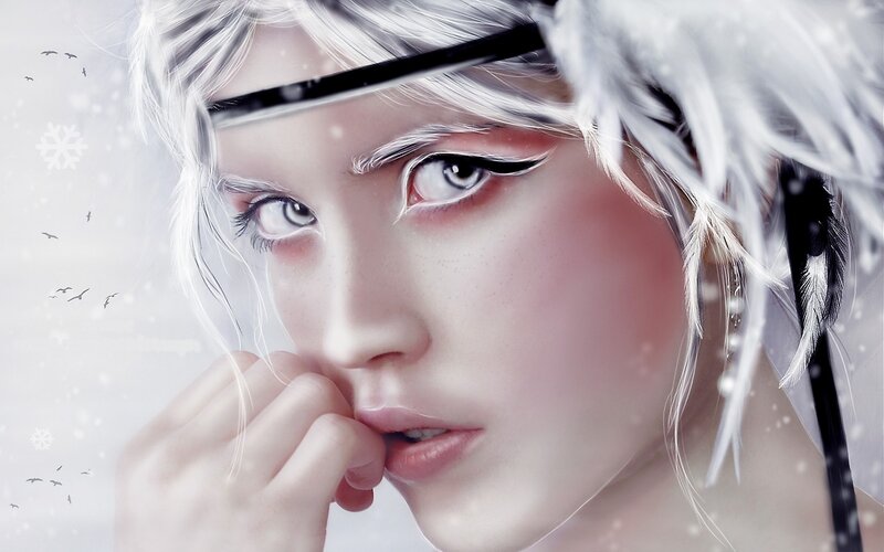 Woman with White Hair — Serene, Winter, Digital Art, Feathers