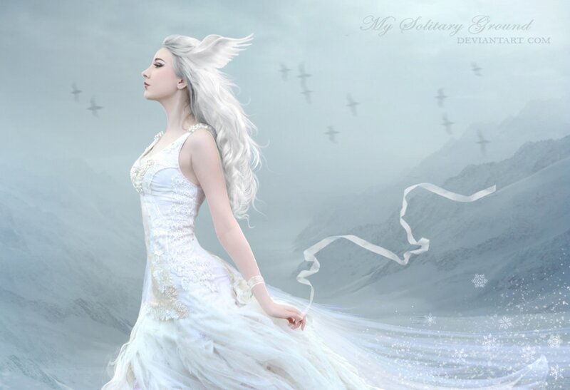 Woman with White Hair — Serene, Winter, Digital Art, Mountains
