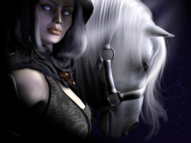 Woman with White Horse — Black, Dramatic, Night