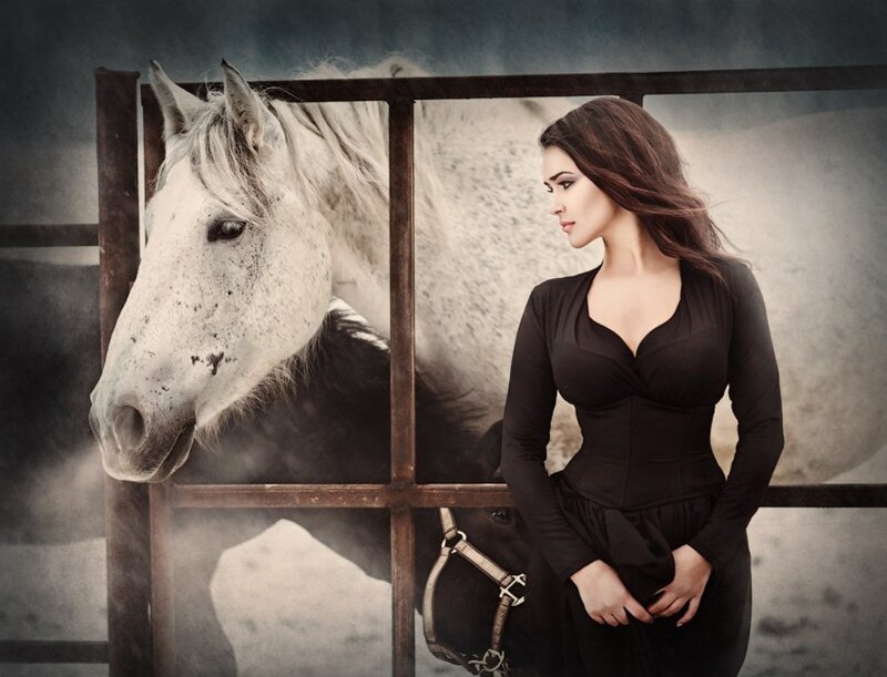 Woman with White Horse — Black, Dramatic, Photograph, Fence