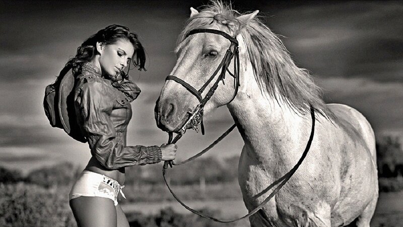 Woman with White Horse — Black, Dramatic, Photograph