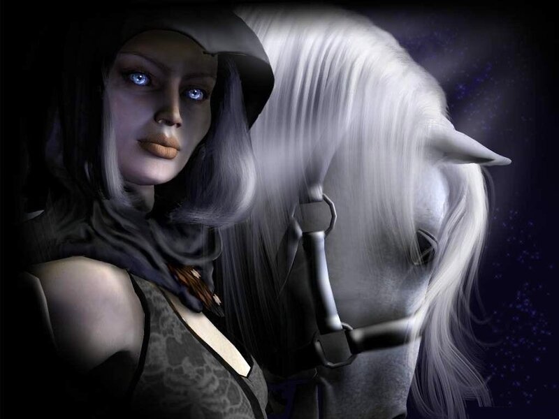 Woman with White Horse — Black, Dramatic