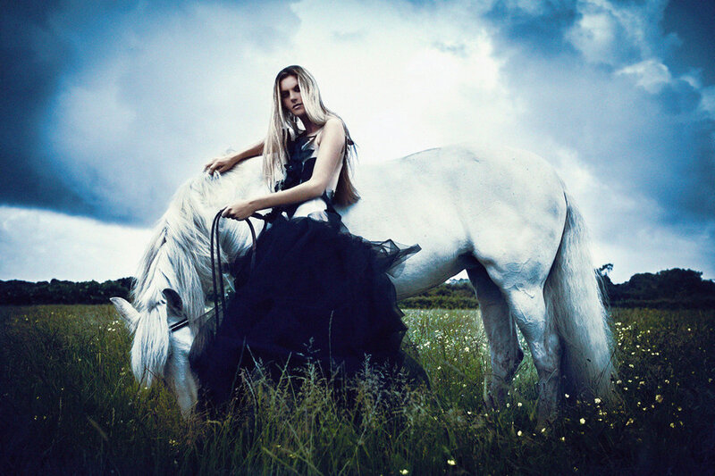 Woman with White Horse — Blue, Dramatic, Afternoon