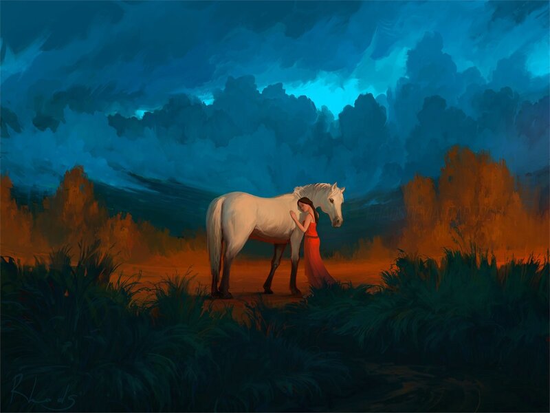 Woman with White Horse — Blue, Dramatic, Night, Digital Art