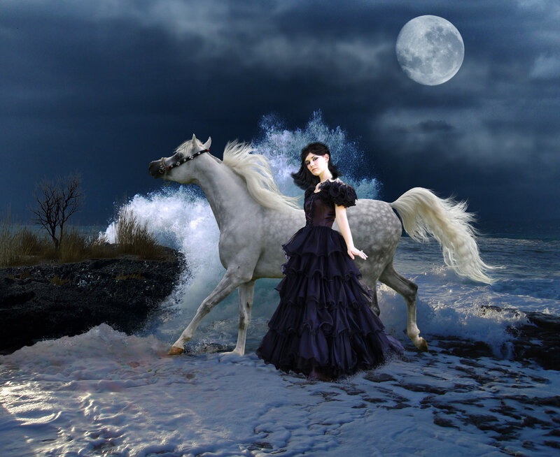 Woman with White Horse — Blue, Dramatic, Night