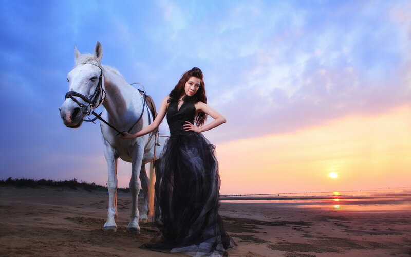 Woman with White Horse — Blue, Dramatic, Sunset