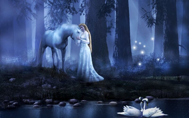 Woman with White Horse — Blue, Serene, Night, Digital Art, Swans