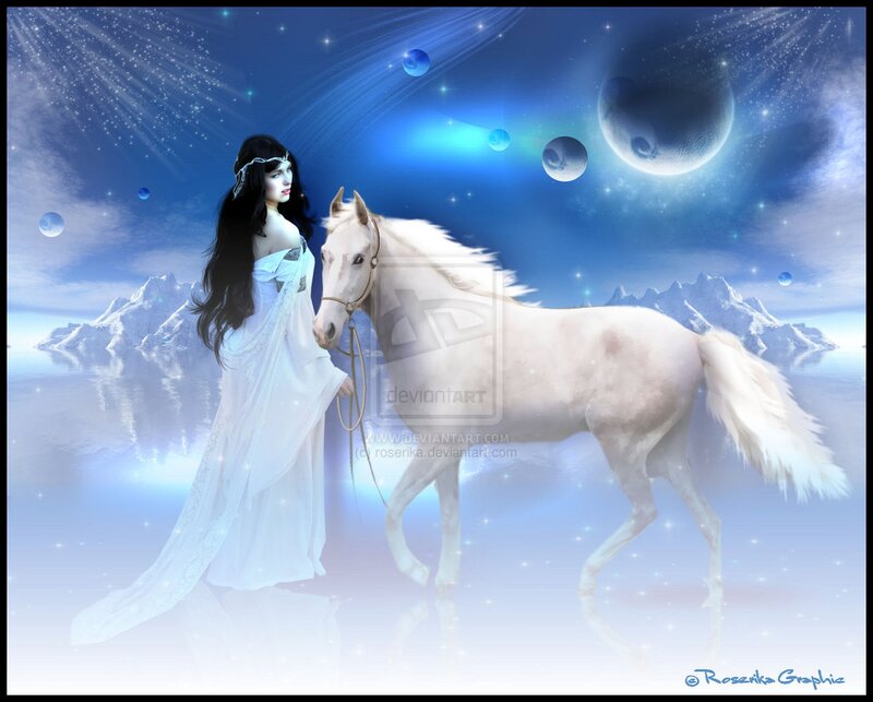 Woman with White Horse — Blue, Serene, Night, Digital Art