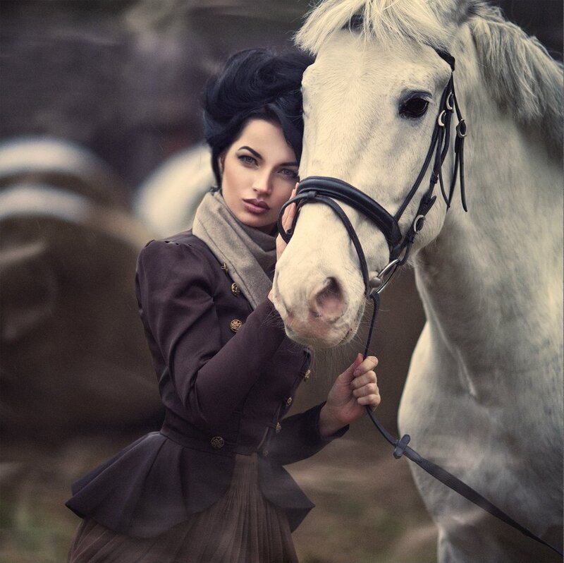 Woman with White Horse — Brown, Dramatic, Photograph