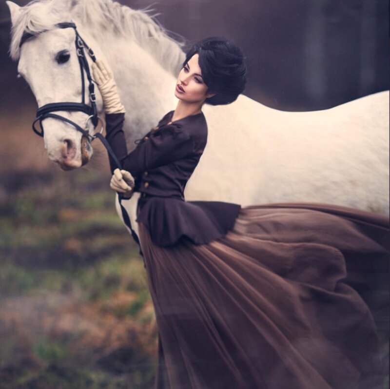 Woman with White Horse — Brown, Dramatic