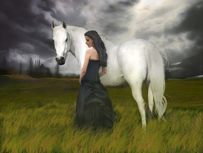 Woman with White Horse — Dramatic, Digital Art, Grass