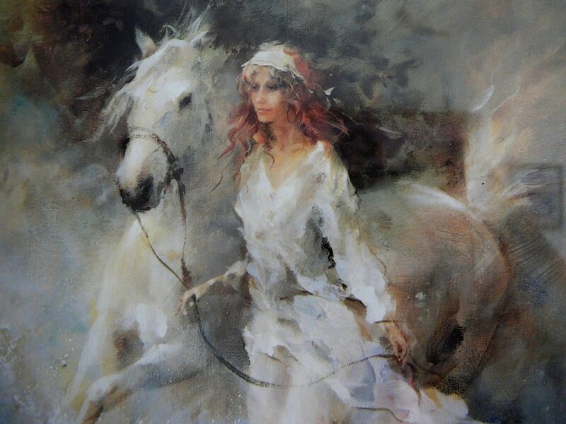 Woman with White Horse — Dramatic, Painting
