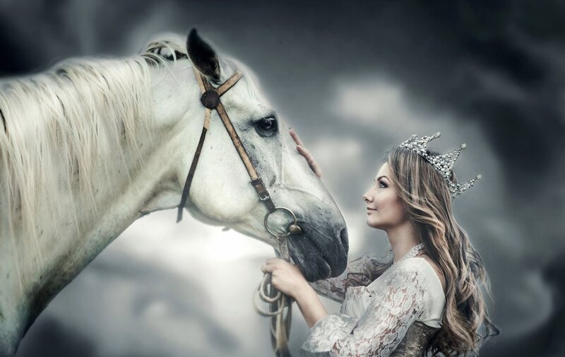 Woman with White Horse — Dramatic, Photograph, Crown