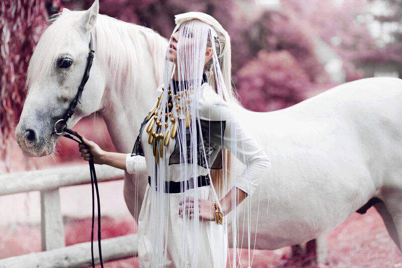Woman with White Horse — Dramatic, Photograph