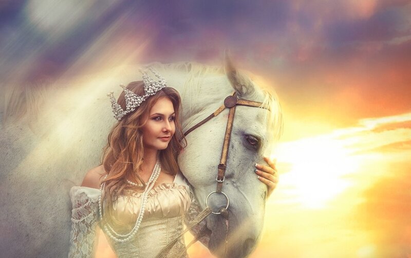 Woman with White Horse — Dramatic, Sunset, Digital Art, Crown