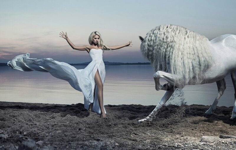 Woman with White Horse — Dramatic, Sunset, Photograph, Dress