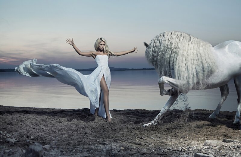 Woman with White Horse — Dramatic, Sunset, Photograph